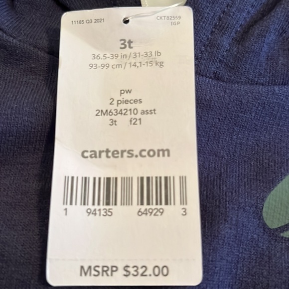 Boys Carters  two piece matching set. Long sleeve with dinosaur. Hooded. - Picture 7 of 7